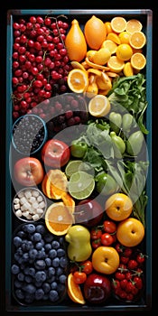 blue box filled with assorted nature fresh fruits and vegetables seen from above