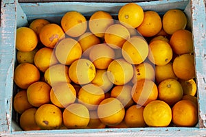 Blue box with fresh oranges just taken from the tree. Vitamin C concentrated in oranges, very nutritious and healthy fruits