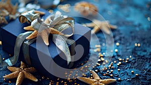 a blue box with a gold ribbon on the sea star background
