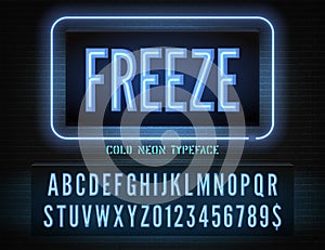 Blue box neon font with numbers on dark wall background. Vector freeze night light box sign