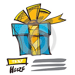 Blue box with an yellow bow. Gift sketch of the logo. Element for infographics in the hand drawing style