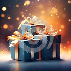 Blue boxes, gifts with gold bows in the background gold dust bokech effect. Gifts as a day symbol of present and