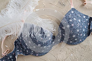 Blue bra on a concrete background. Delicate cotton and white feathers
