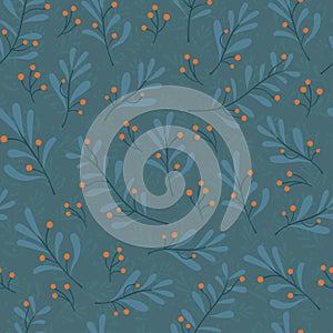 Blue branch - Seamless pattern with christmas flower, omela, leaf