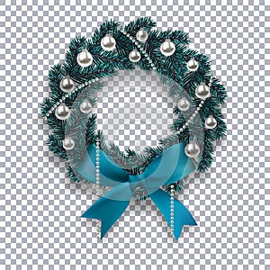 A blue branch of spruce in the form of a Christmas wreath with shadow and snowflakes. Blue bow, silver balls and beads