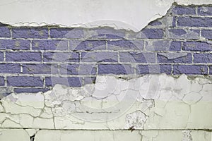Blue brick texture with concrete frame, brickwork background with a broken cement surface, copy space