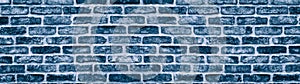 Blue brick wall long texture. Large panoramic navy stone block background