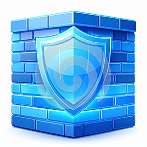 Blue Brick Wall with Protective Shield: Digital Security Concept