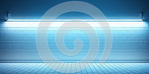 Blue brick wall with spotlights and wooden floor. Vector illustration