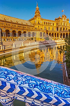 Blue Bridge Plaza de Espana Square Reflection Seville Spain