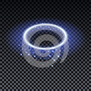 Blue Bright halo. Abstract glowing circles. Light optical effect halo on transparent background with sparkles. Vector