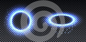 Blue Bright halo. Abstract glowing circles. Light optical effect halo on transparent background with sparkles. Vector