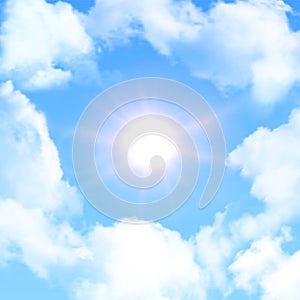 Blue bright sky with clouds and shine of sun, realistic cloudy weather, glare of sunshine