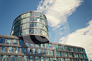 Blue brise soleil sun breakers on modern office glass building