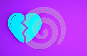 Blue Broken heart or divorce icon isolated on purple background. Love symbol. Valentines day. Minimalism concept. 3d