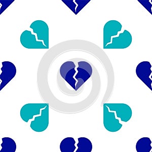 Blue Broken heart or divorce icon isolated seamless pattern on white background. Love symbol. Happy Valentines day