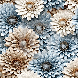 Blue And Brown Aster With White Border - Repeating Pattern Print