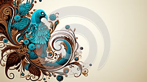 a blue and brown bird with swirls and flowers on a beige background