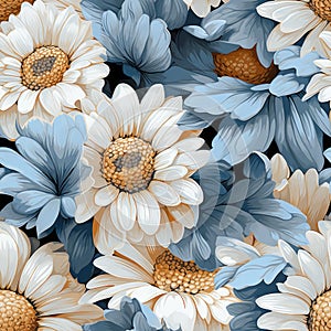 Blue And Brown Gerbera With White Border - Repeating Pattern Print