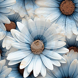 Blue And Brown Gerbera With White Border - Repeating Pattern Print