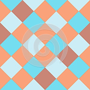 Blue Brown Large Diagonal Seamless French Checkered Pattern. Big Inclined Colorful Fabric Check Pattern Background. 45 degrees