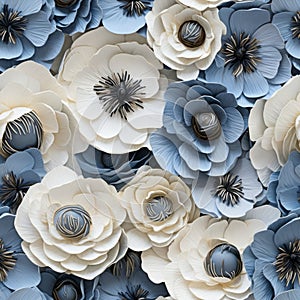 Blue And Brown Ranunculus With White Border - Repeating Pattern Prints