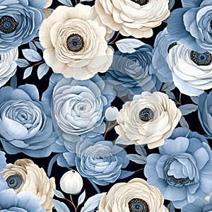Blue And Brown Ranunculus With White Border - Repeating Pattern Prints