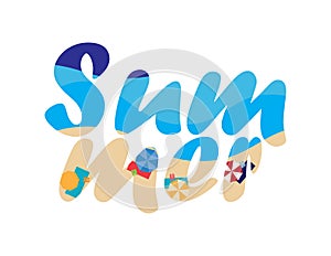 Blue and Brown summer logo with parasols, flip flops and beach towel illustrations