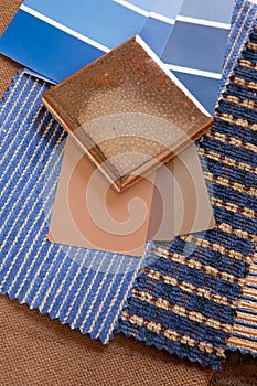 Blue and brown swatches with a ceramic tile