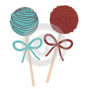 Blue and brown Sweet chocolate Cake pops set with bow isolated on white background. Vector