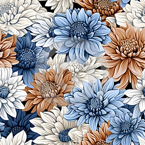 Blue And Brown Zinnia With White Border - Repeating Pattern Print