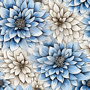 Blue And Brown Zinnia With White Border - Repeating Pattern Print