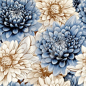 Blue And Brown Zinnia With White Border - Repeating Pattern Print