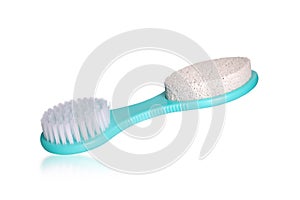 Blue brush with stone scrub, foot hygiene tool isolated on white background. Selfcare, body care, pedicure.