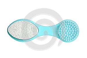 Blue brush with stone scrub, foot hygiene tool isolated on white background. Selfcare, body care, pedicure. Top view.