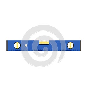 Blue bubble level tool with yellow details and measurement marks. Precision instrument for balance and construction