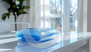 Blue Bubble Wrap Packaged in Transparent Bag on White Table in Bright Room