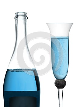 Blue bubbly wine. Unopened bottle with glass, white background.