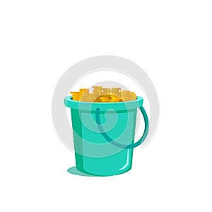 Blue bucket full of gold coins. Isolated on a white background