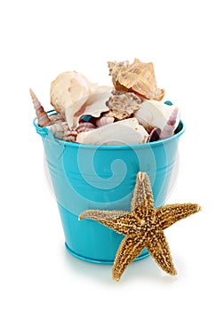 Blue bucket with seashells