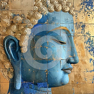 Blue buddha head painting on wall