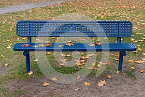 Blue buddy bench in the park in autumn