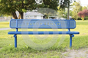 Blue buddy bench in the park near school