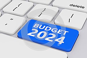 Blue Budget 2024 Key on White PC Keyboard. 3d Rendering