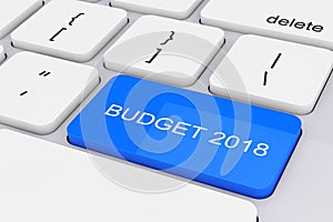 Blue Budget 2018 Key on White PC Keyboard. 3d Rendering