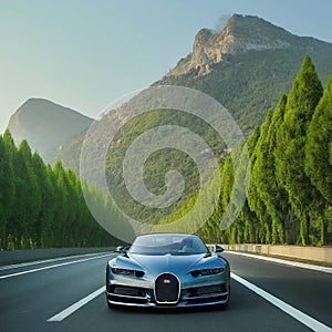 Blue Bugatti Chiron on a Highway with Mountain Background