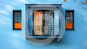 A blue building with a balcony and two windows