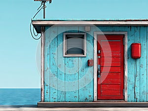 A blue building with a red door and a red fire hydrant