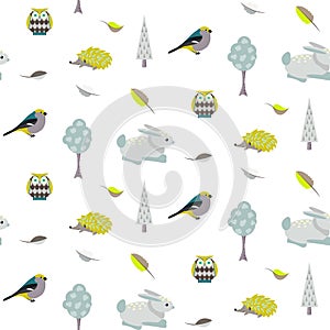 Blue bunny, green hedgehog forest seamless pattern.
