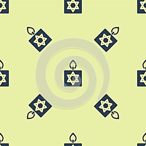 Blue Burning candle in candlestick with star of david icon isolated seamless pattern on yellow background. Cylindrical